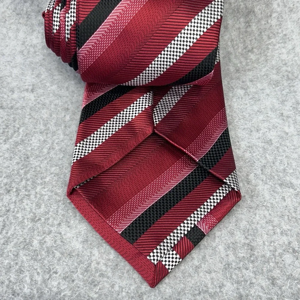 Mens 100% Silk Wide Striped Necktie Red Black White Self Tipped 60